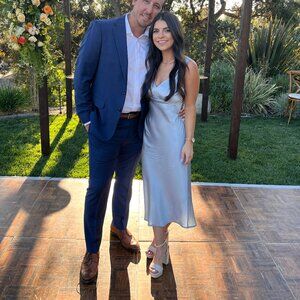 WEDDING GUEST DRESS - Reformation Light Blue Silk Dress